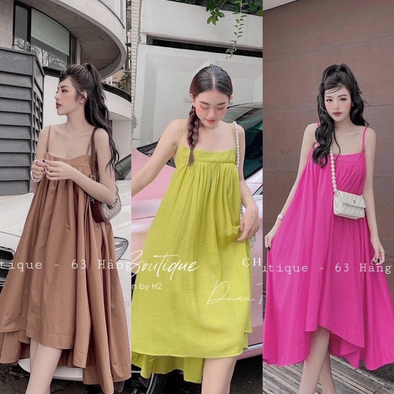 Đầm maxi dây xoè , Đầm dây lụa thô xoè tiểu thư cao cấp