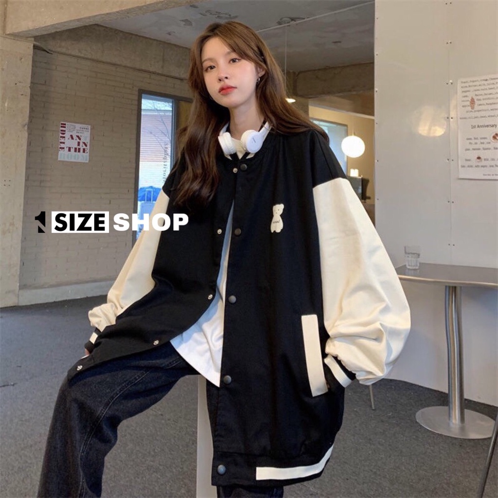 Áo bomber nỉ tay dài viền đen trắng họa tiết gấu form rộng màu đen thời trang unisex 1sizeshop