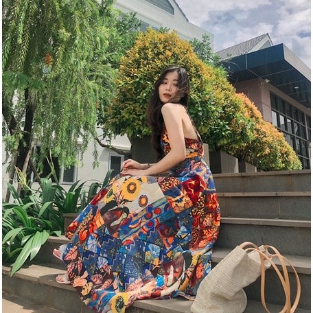 [ẢNH THẬT + VIDEO] đầm maxi dài cổ yếm họa tiết thổ cẩm đi biển (kèm mút ngực) đầm nữ dáng dài du lịch hở lưng sexy | BigBuy360 - bigbuy360.vn