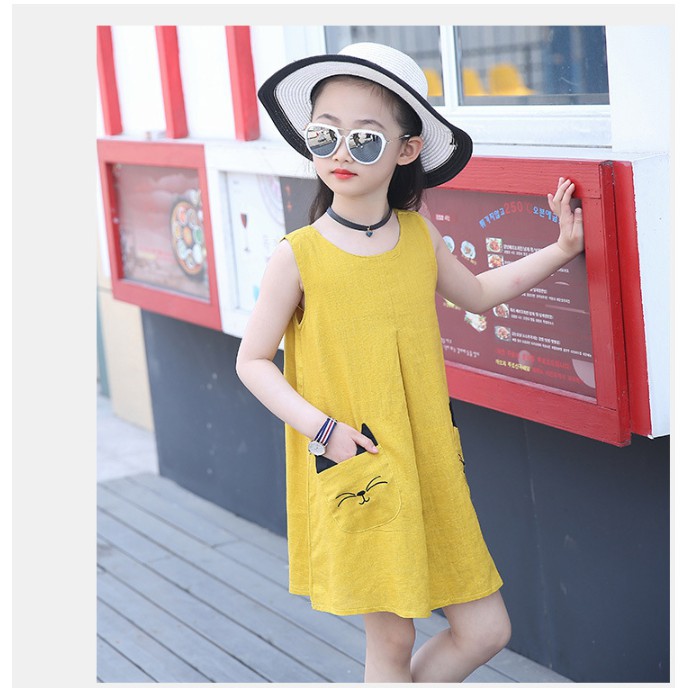 Váy mèo chất cotton thoáng mát mặc mùa hè cho bé gái, đầm chữ A trẻ em năng động xinh xắn - XQ Baby Kid