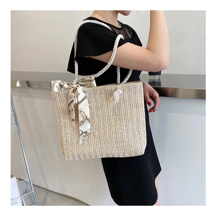 Túi Vuông Cói Lớn Quai Đeo Thừng Phối Dây Vải Xinh