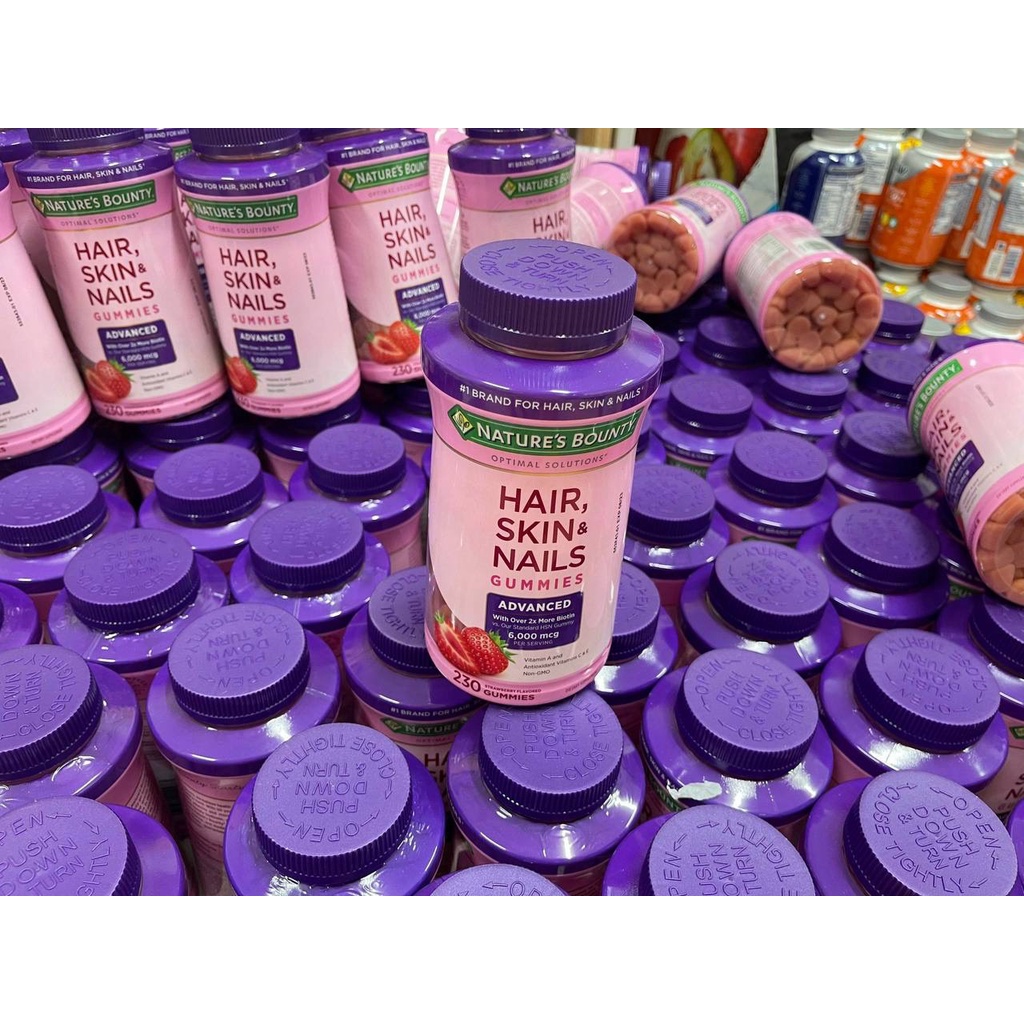 Kẹo dẻo mọc tóc, đẹp da ⚡ HÀNG CAO CẤP ⚡ Kẹo dẻo Hair, Skin & Nails Gummies, 230 viên, Vị dâu, 6000mcg Biotin