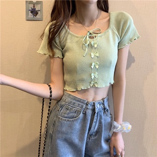 Áo croptop nữ DVT áo ngắn tay nơ ngực, mẫu mới nhất