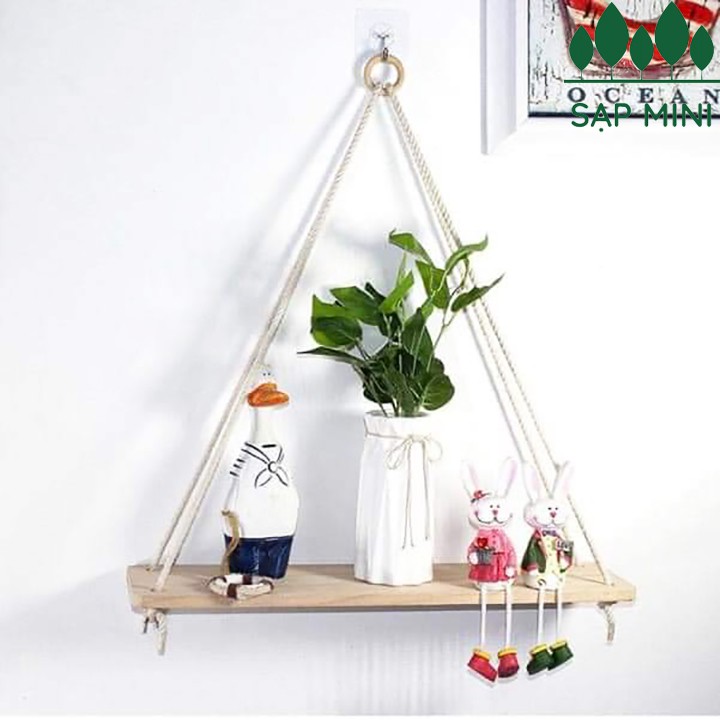 Kệ gỗ treo tường dây thừng Decor 30x10 cm, gỗ thông nhập khẩu, tặng khoen gỗ và đinh treo