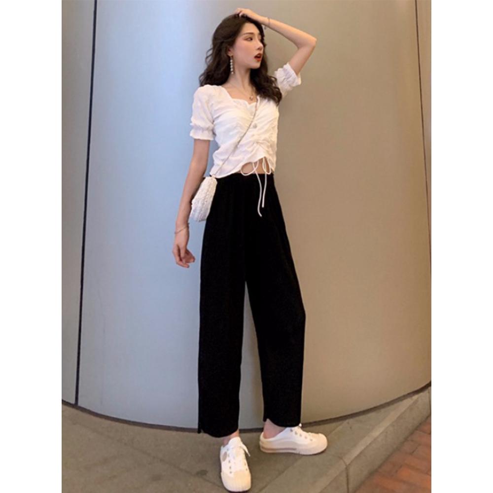 Set Áo Sơ Mi Ngắn Tay + Quần Dài Lưng Cao Ống Rộng Thời Trang Dành Cho Nữ