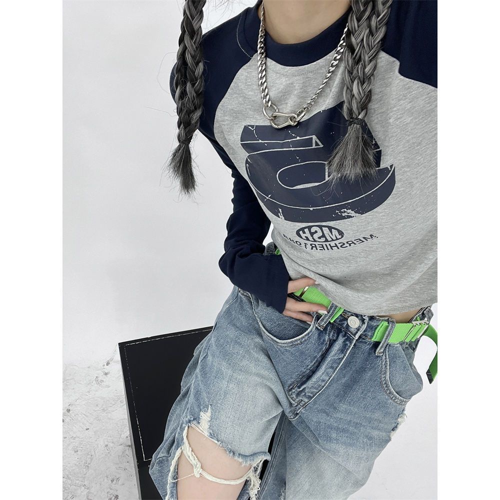 Jiashucheng Áo Thun Dài Tay Ôm Dáng Thời Trang Retro Mỹ Cá Tính