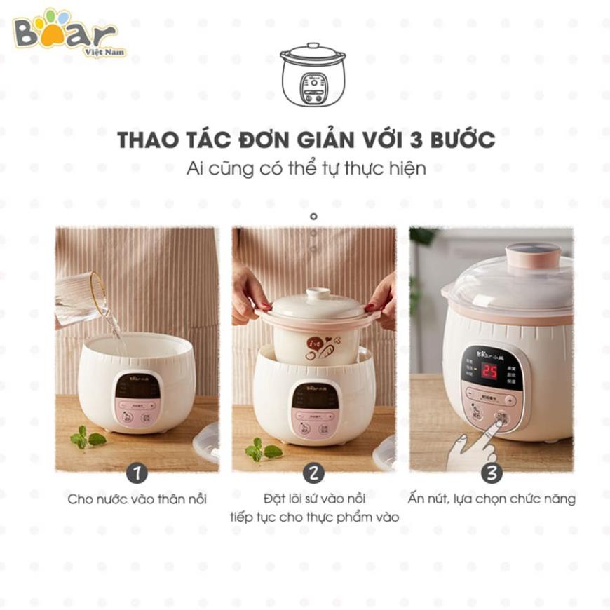 BẢO HÀNH 18 THÁNG -Nồi nấu cháo chậm Bear, nồi hầm cách thuỷ đa năng Bear 0,8L -BẢN QUỐC TẾ - Nấu cháo, Ninh, Hầm, Hấp