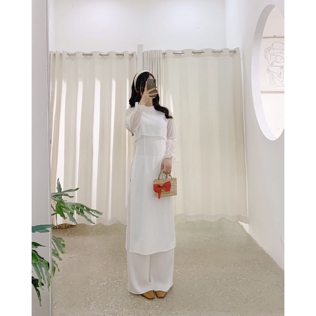 Áo dài nữ cách tân xẻ tà phối voan tay bo đính trai hàng thiết kế vnt1221a03 by germe