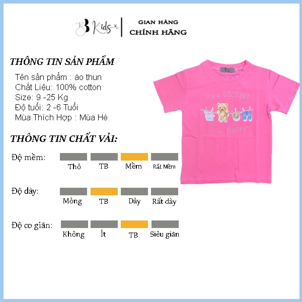 Áo Thun Ngắn Tay Cho Bé BB Kids In hình gấu Chất Liệu Cotton 100% Co Giãn 4 Chiều
