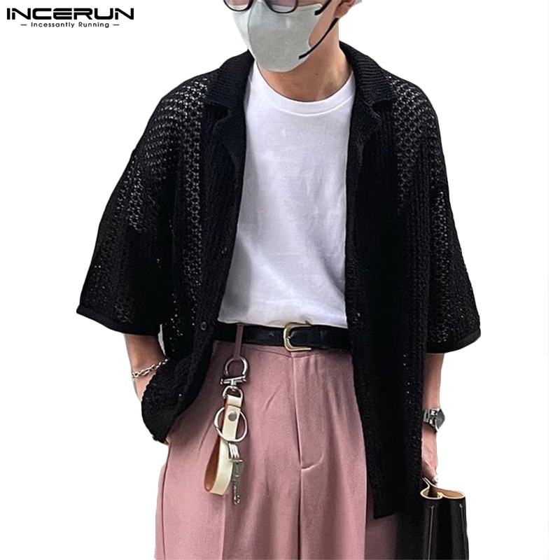 Áo sơ mi Incerun tay ngắn dáng rộng xuyên thấu cài nút kiểu Nhật Bản cá tính cho nam