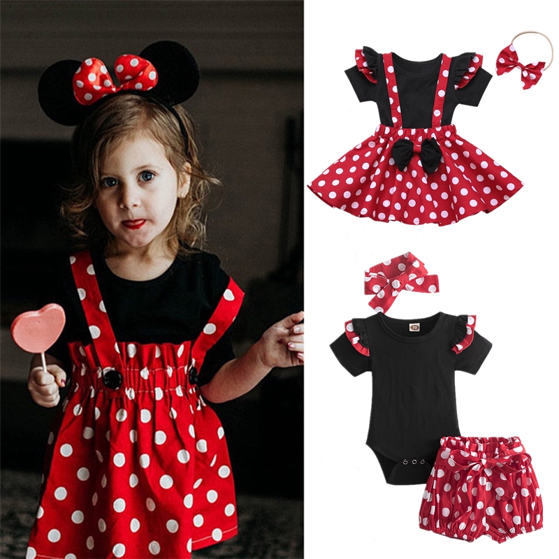 MINNIE Set Đồ 2 Mảnh Áo Thun Tay Ngắn & Váy & Quần Short Chấm Bi Cho Bé Gái Từ 1-5 Tuổi