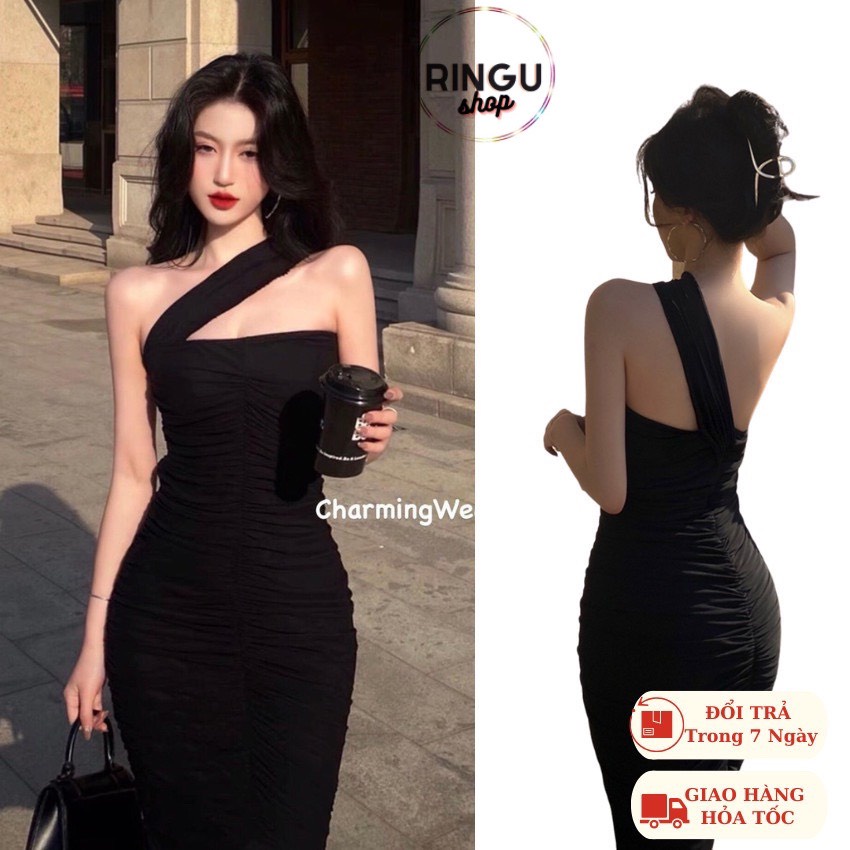 Đầm lụa ôm body lệch vai chất thun lụa- Ringu shop