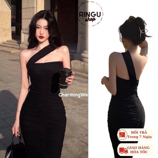 Đầm lụa ôm body lệch vai chất thun lụa- Ringu shop