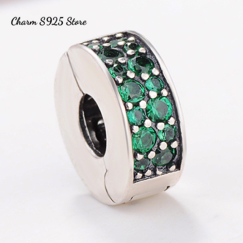 charm pan khoá chặn clip đính đá xanh bạc s925 cao cấp