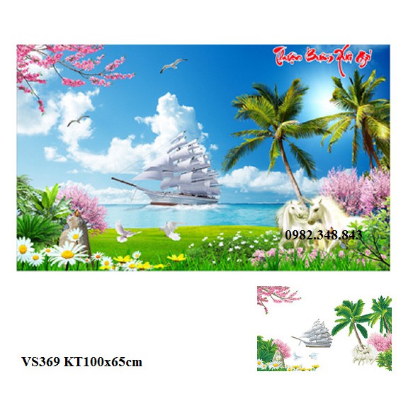 Tranh đính đá thuận buồm xuôi gió KT:100x65cm. Tranh gắn đá tự làm.