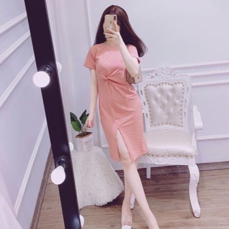 Váy suông nữ xoắn eo cổ tròn form rộng vải dày đẹp Bingshop | BigBuy360 - bigbuy360.vn