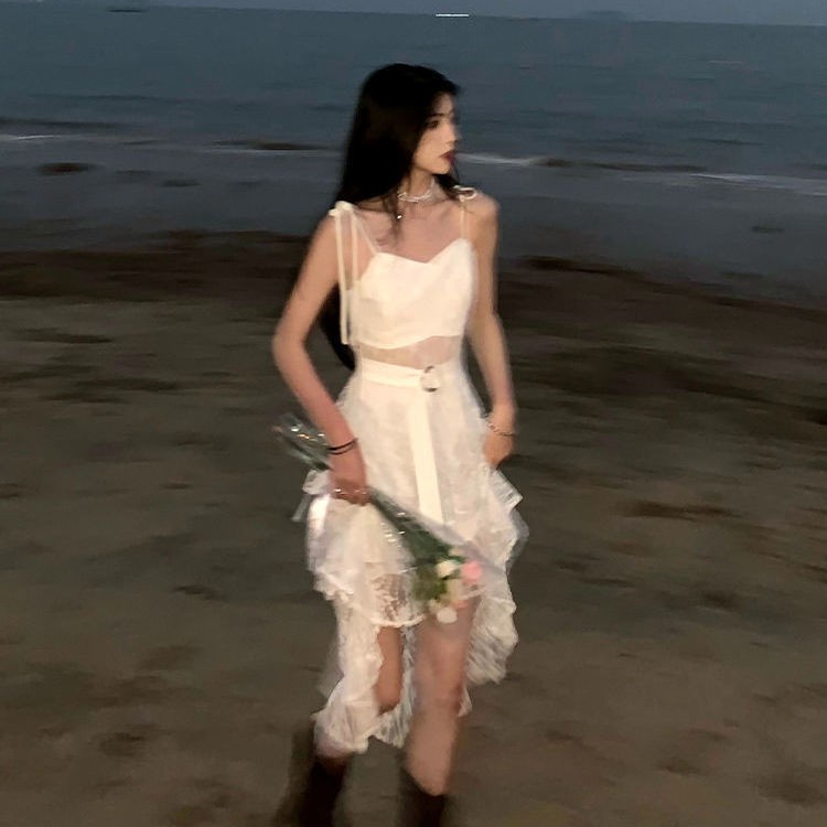 JOEYJOY Jiuyi váy trắng nữ mùa hè gió nhẹ nhàng ren dây treo váy dài siêu cổ tích váy nhỏ ngọt ngào