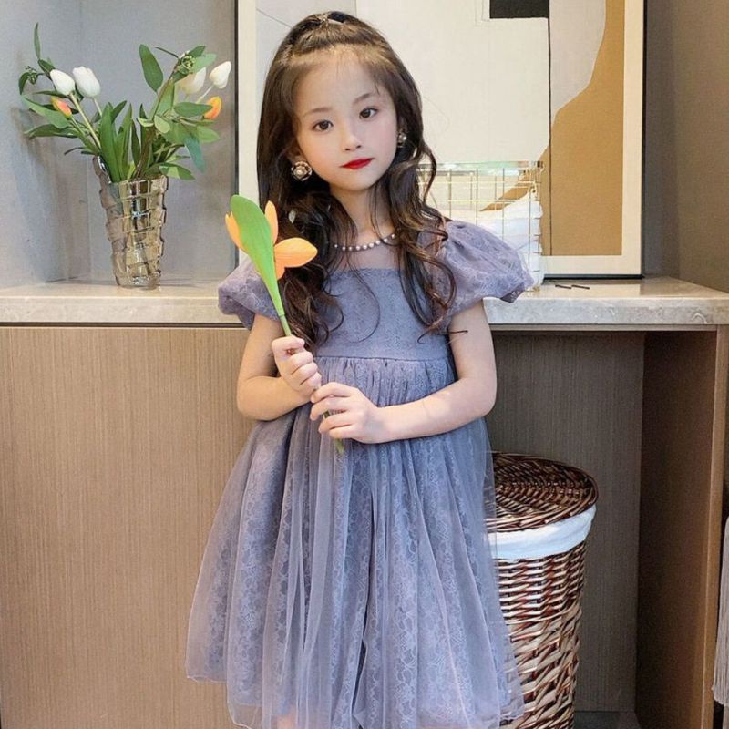 Đầm Công Chúa Tay Phồng Phối Lưới Đính Nơ Đáng Yêu Cho Bé Gái