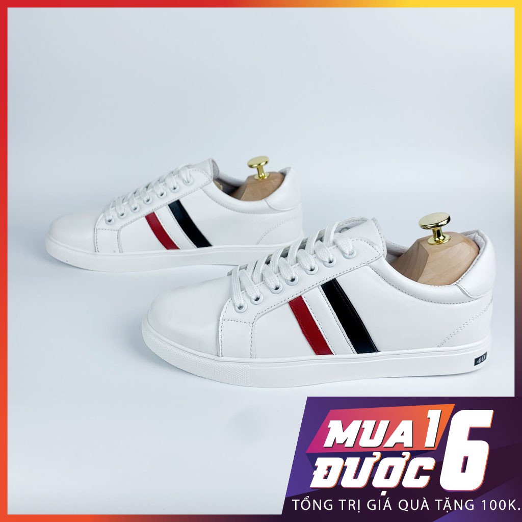 Giày Sneaker Nam Giày Thể Thao Trắng Cổ Thấp 2 Sọc Đen Đỏ - G25