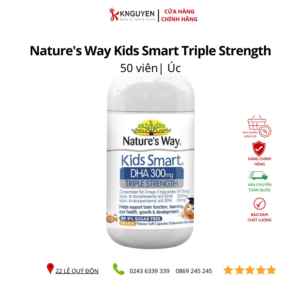 Viên Nhai Nature's Way Kids Smart DHA 300mg Triple Strength Tăng Cường Sự Phát Triển Của Trẻ 50 Viên