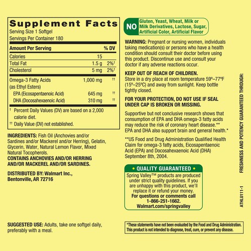 FISH OIL - SPRING VALLEY - OMEGA - 3 - 180 SOFTGELS - Giúp sáng mắt bổ não đẹp da ngăn ngừa cholesterol xấu hương chanh