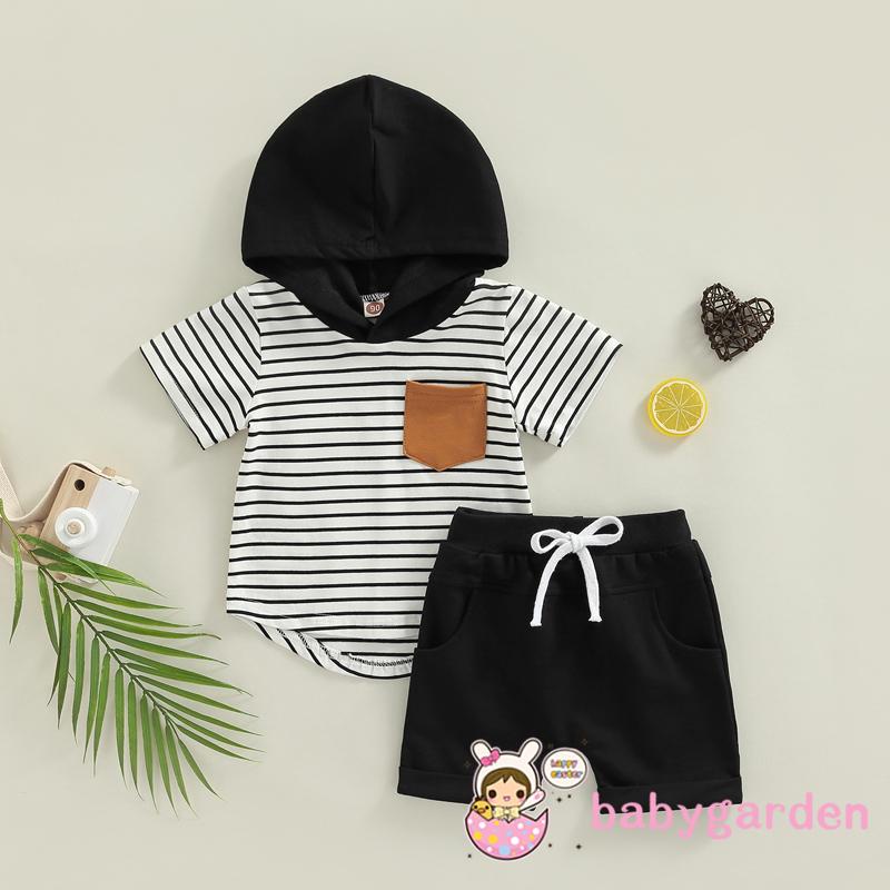 Bộ Áo Hoodie Ngắn Tay Kẻ Sọc Màu Sắc Tương Phản Phối Quần Short Thời Trang Mùa Hè Cho Bé Trai 1-5 Tuổi
