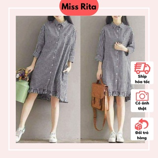 Đầm bầu tay lửng kẻ caro đuôi cá nhỏ cổ đức dáng suông thiết kế bởi Đầm Bầu Nhung Huấn