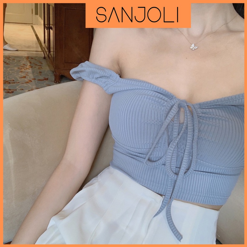 Áo Croptop Ôm SANJOLI Áo Croptop Trễ Vai Thắt Nơ Kiểu 2 Dây Bản To Sexy Bánh Bèo Thiết kế Hở Ngực AO054