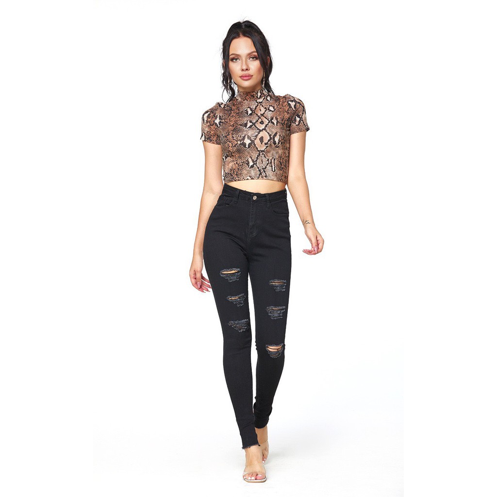 Quần jean nữ BIG SIZE dài 9 tấc rách kiểu màu đen tuyền dành cho người béo 3619