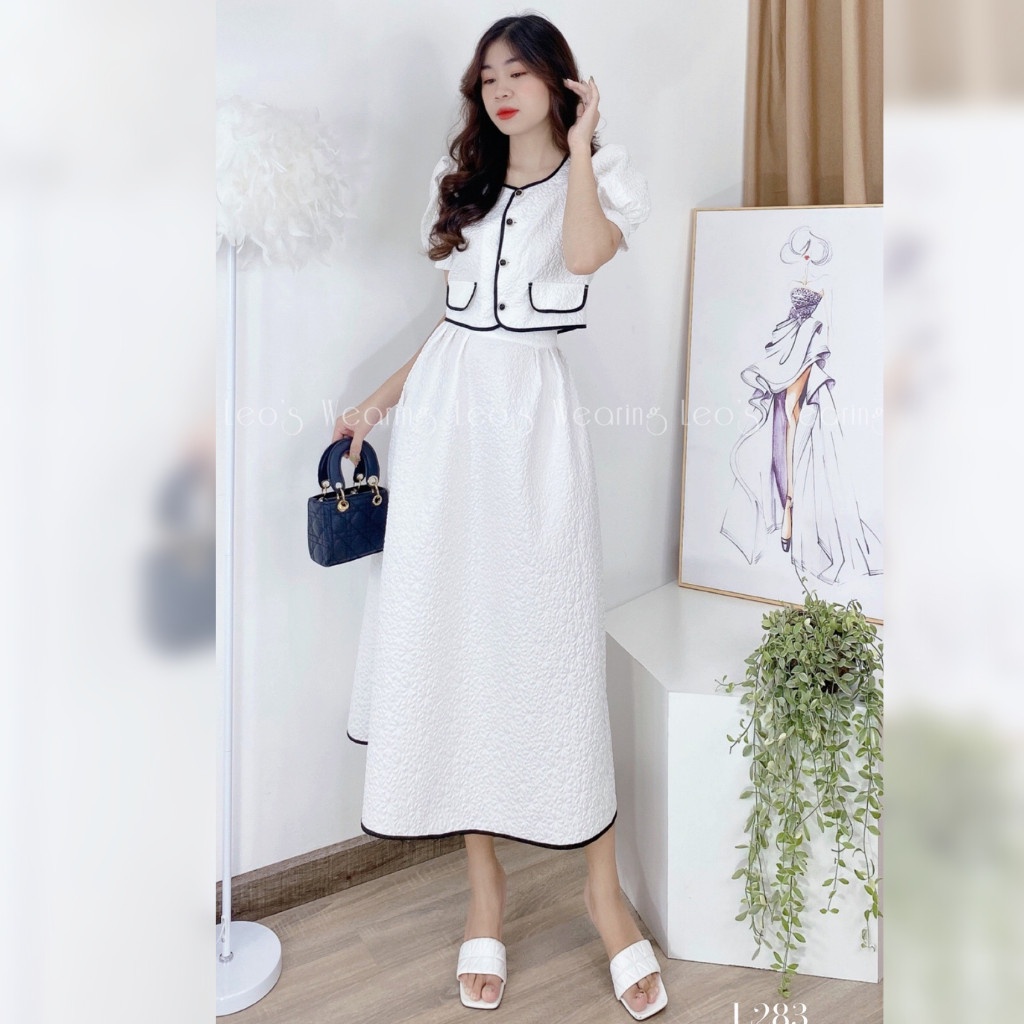Set váy nữ áo crotop viền né giả túi mix chân váy xòe phong cách tiểu thư LEOSWEARING L283