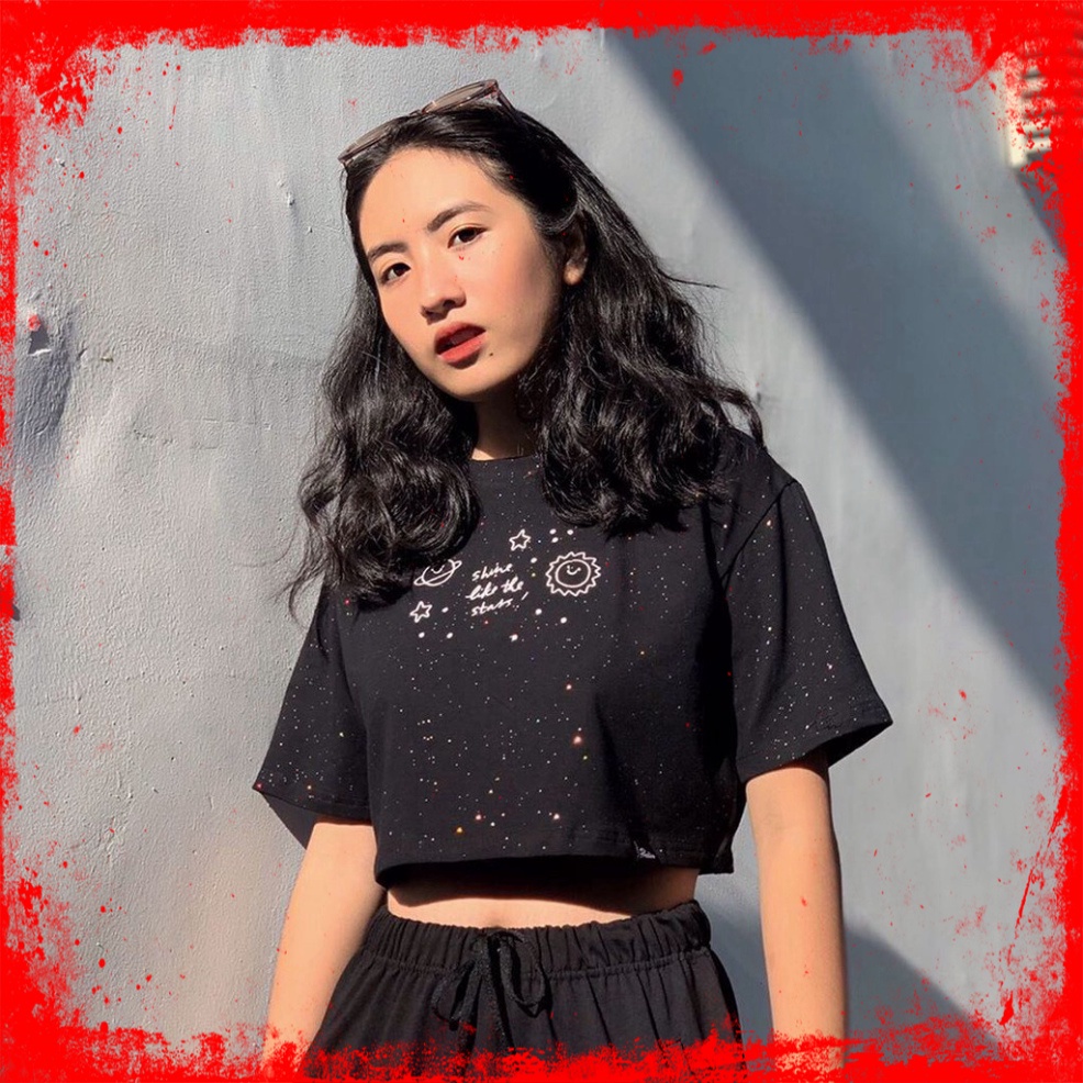 Áo Nữ Hot Đẹp ❤ Áo Thun Nhũ Space Hot - Croptop Kim Sa Stars Đen Trắng Bling Bling