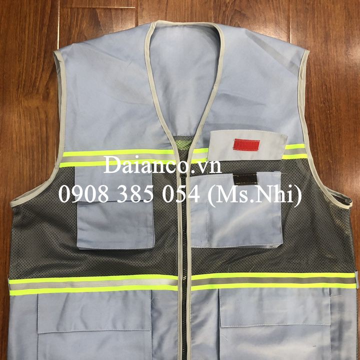 Áo gile vải kaki phối lưới siêu mát may kèm phản quang poly xám- Hình thật
