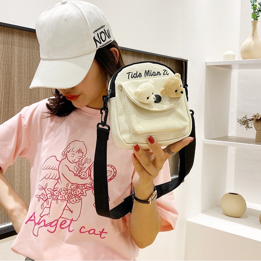 Túi Đeo Chéo Mini Vải Canvas Kèm 2 Mặt Gấu Hoặc 2 Sticker Siêu Dễ Thương Phong Cách Thời Trang