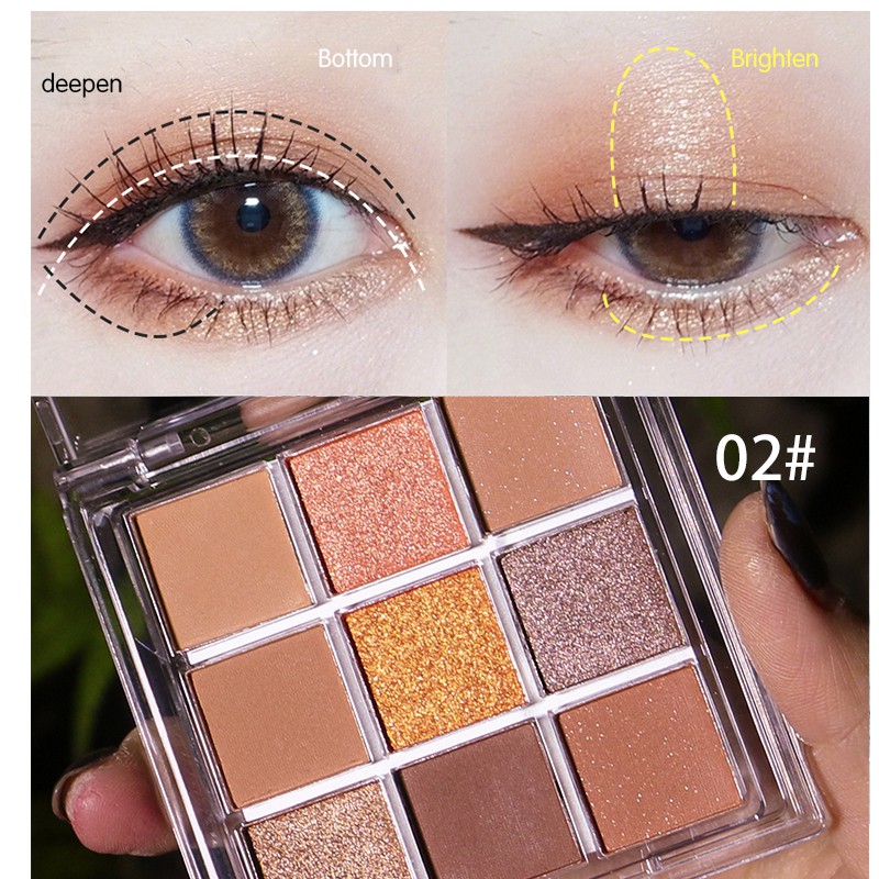 [Hàng mới về] Bảng phấn mắt 9 màu lì/nhũ lấp lánh kháng nước nhỏ gọn