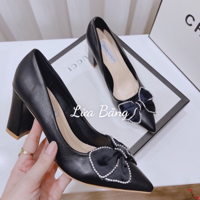 Giày cao gót nữ gót vuông 8 phân chất da mờ mũi nhọn phối nơ xinh xinh