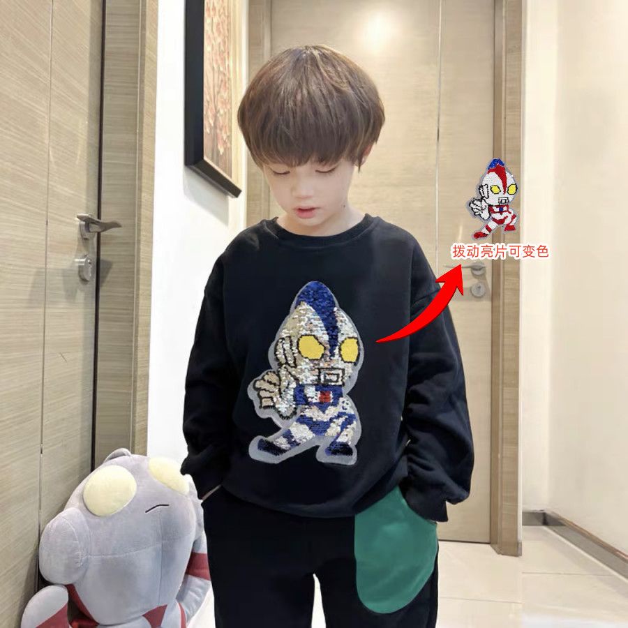 Áo Sweater Tay Dài In Hình Ultraman Đính Kim Sa Lấp Lánh Thời Trang Mùa Thu Cho Bé Trai