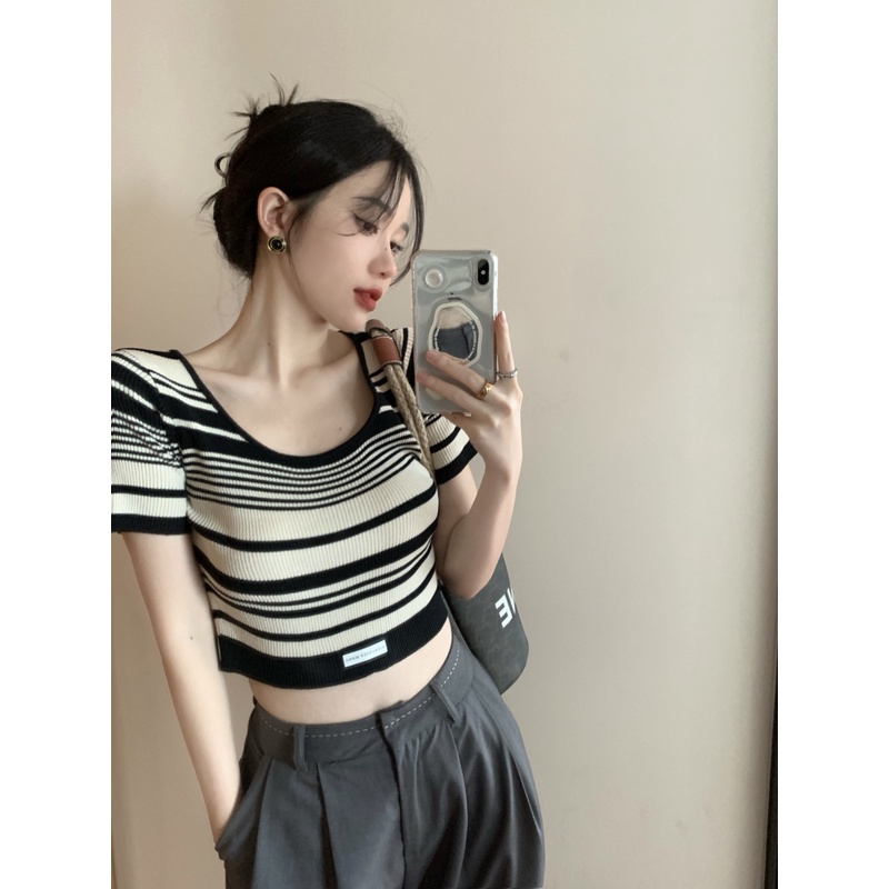 Áo dệt kim NZN tay ngắn cổ vuông họa tiết sọc caro quyến rũ thời trang mùa hè cho nữ