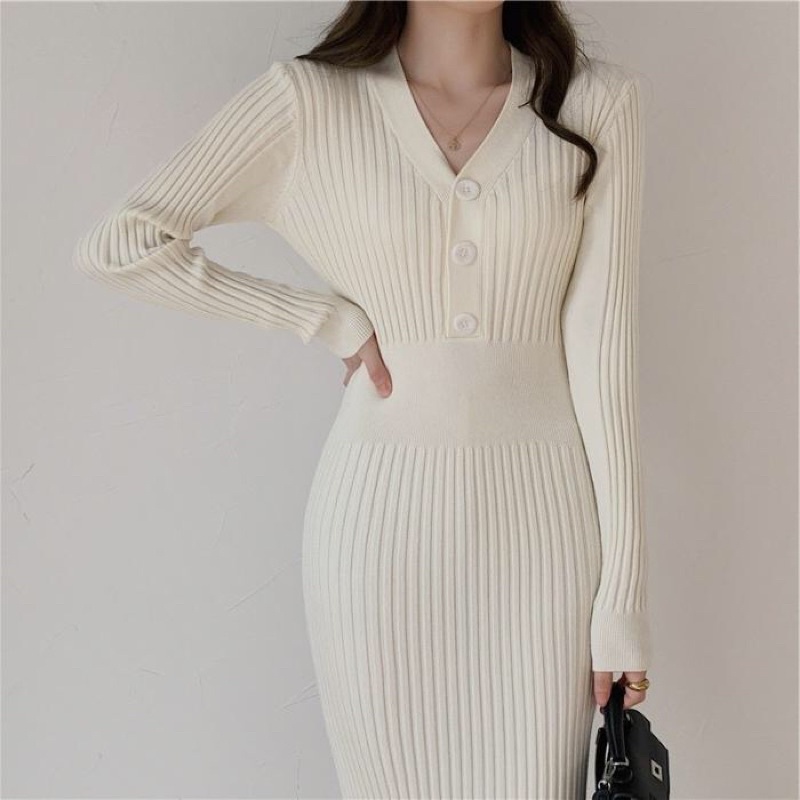 [Mã 11FASHIONSALE1 giảm 10k đơn 50k] Đầm Váy Len Nữ Váy Body Dáng Dài Cổ Chữ V Phối Cúc Loại Đẹp