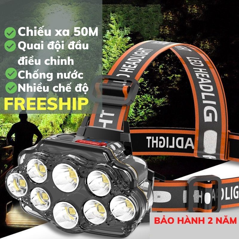 Đèn Pin Đội Đầu Chống Nước Nhiều Mắt LED Siêu Sáng, Đèn Năng Lượng Mặt Trời Asaki