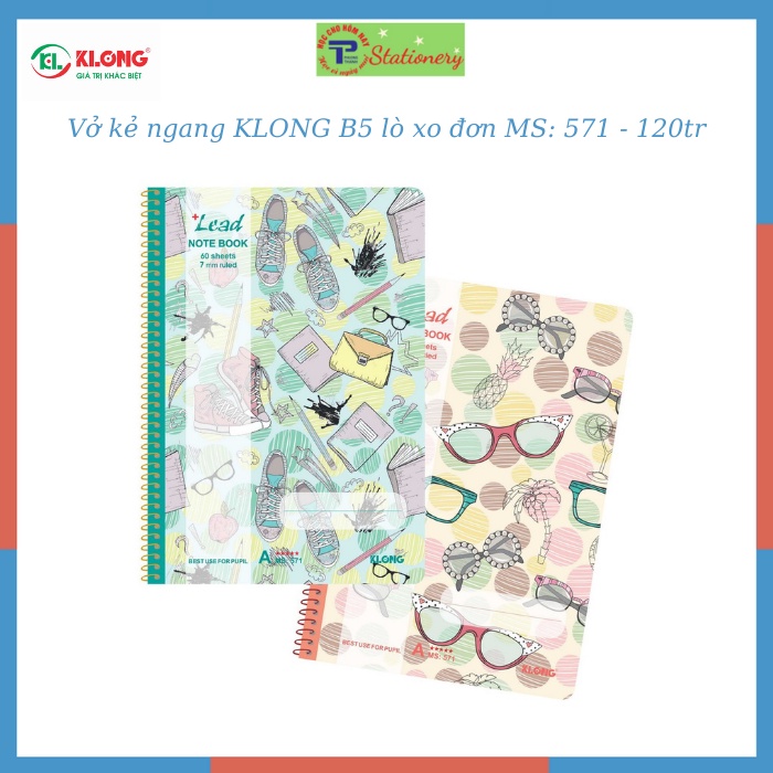 Vở kẻ ngang KLONG B5 lò xo đơn 80,120,160,200tr offset 70/76 Lead; 570,571,572,573