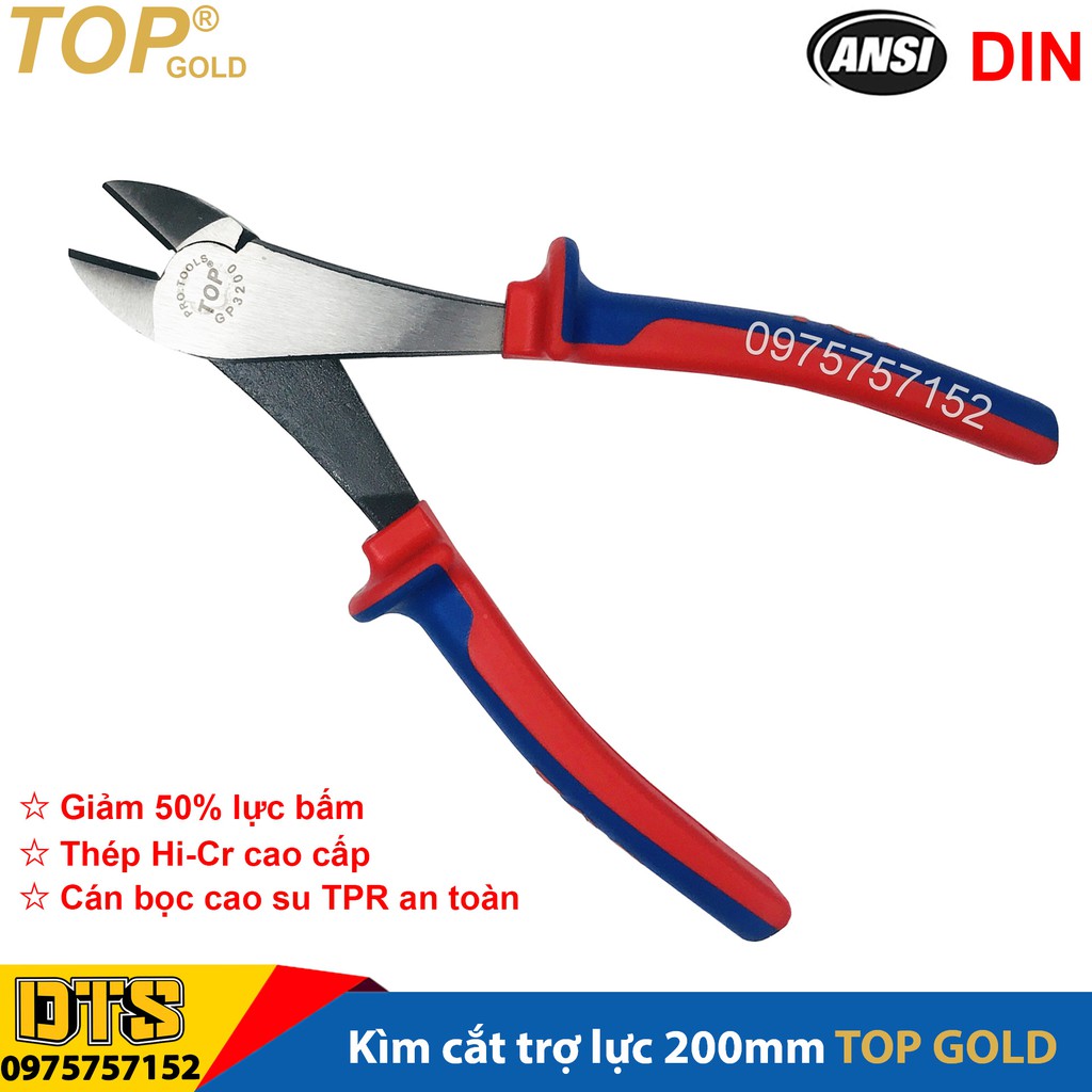 Kìm cắt trợ lực chuyên nghiệp TOP GOLD 200mm, cắt dây PIANO, thép Hi-Cr cao cấp, thiết kế cộng lực tiết kiệm 50% lực bấm