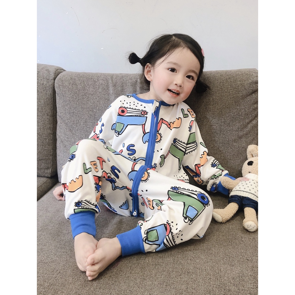 Bộ Đồ Ngủ Một Mảnh Vải Cotton Mỏng Chống Đá Họa Tiết Hoạt Hình Dễ Thương Thời Trang Xuân Thu Cho Bé 1-3-5 Tuổi