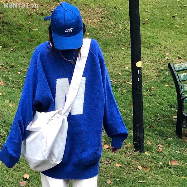 Áo sweater dáng rộng in chữ màu xanh dương thời trang thu đông phong cách Hàn Quốc mới cho nữ
 | BigBuy360 - bigbuy360.vn