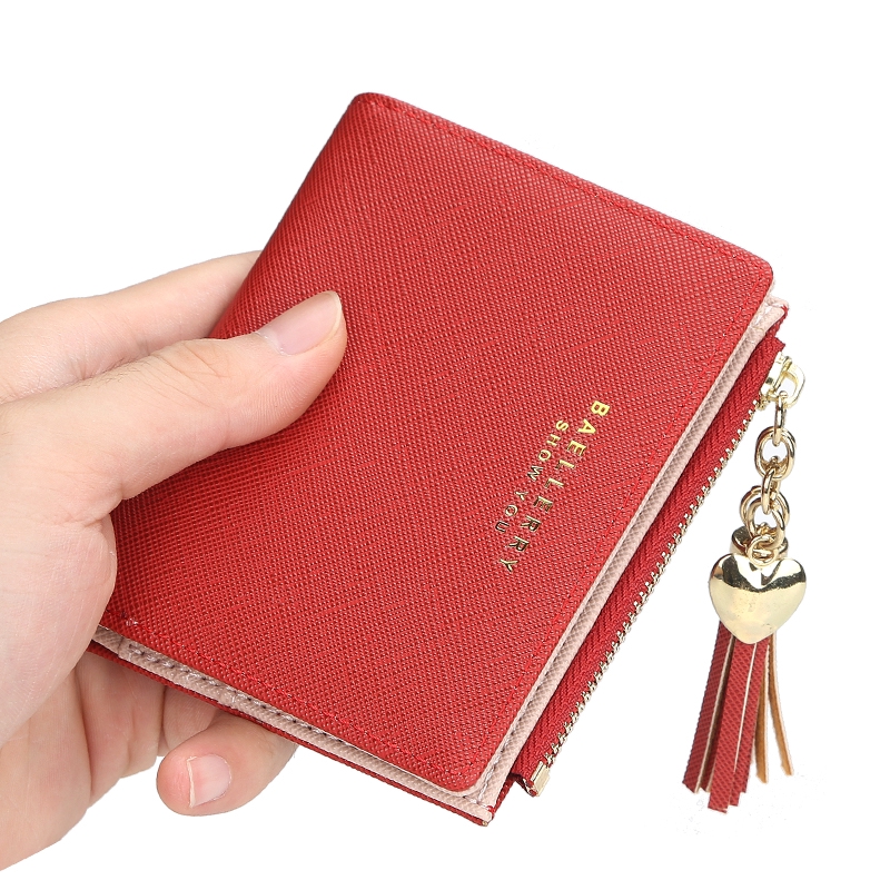 Baellerry Tassel Leather Wallet Women Fold Over Purses Card Wallet Coin Pouches Wallets Purses Female Short Zipper Purse