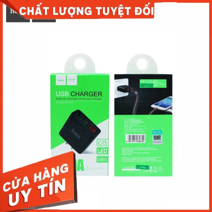 [GIÁ RẺ NHẤT] [CHẤT LƯỢNG SỐ 1]  Cóc Sạc 3 Cổng USB Hoco C15 có màn hình LCD hiển thị điện áp - Hàng Chính Hãng