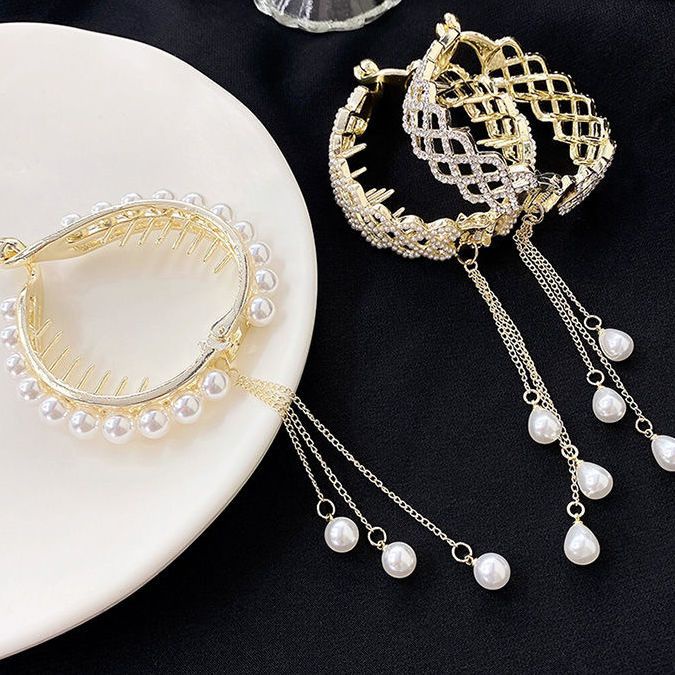 Kẹp Tóc Đính Đá Ngọc Trai Nhân Tạo Phối Dây Tua Rua Thời Trang Cho Nữ