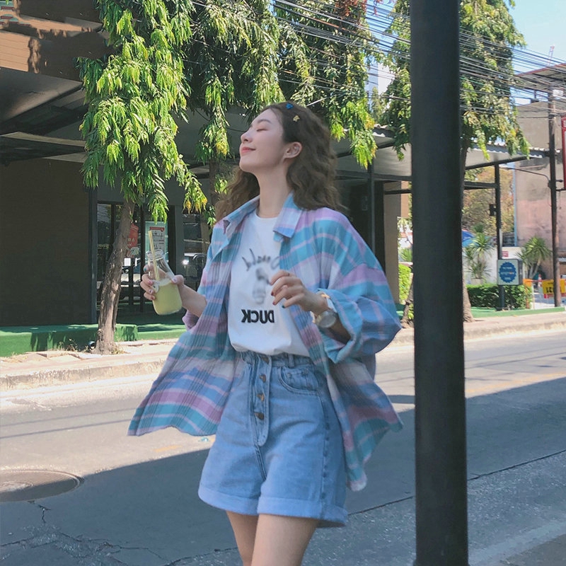 Áo sơ mi caro IELGY tay dài chống nắng màu hồng