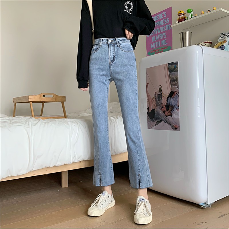  Xiaozhainv Quần jeans dài lưng cao ống loe thời trang Hàn Quốc cho nữ