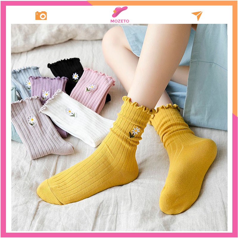 Tất Bèo Nữ Cổ Cao Thêu Hoa Cúc Phong Cách Vintage Nhẹ Nhàng; Vớ nữ nhún cổ cao T09 - MOZETO