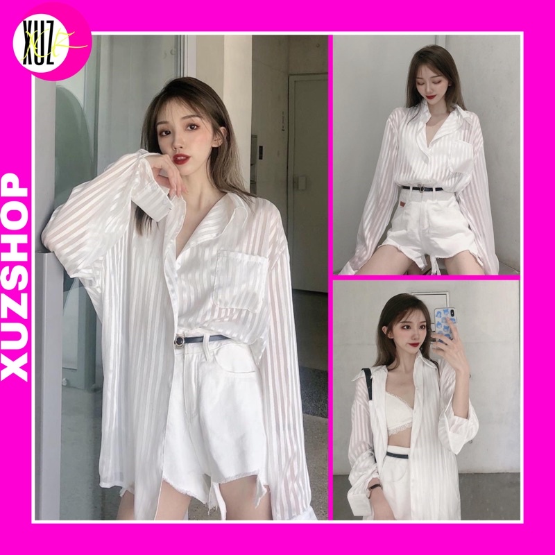 Áo Sơmi Xuyên Thấu Dáng Dài Oversize Vải Voan Có Nhũ